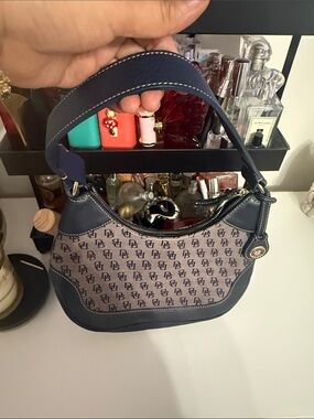 Designer-Inspired Navy and Beige Monogram Shoulder Bag